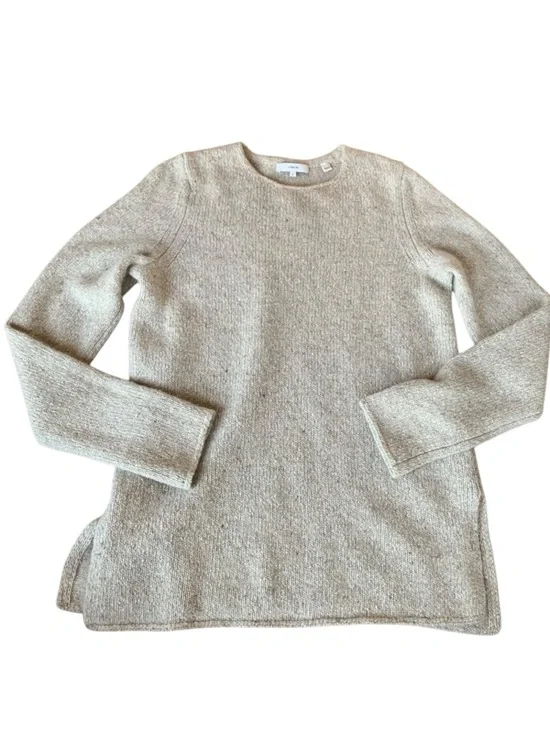 VINCE Cashmere Sweater Medium Beige Oatmeal Crewneck Minimalist Oversized Split - Picture 6 of 11